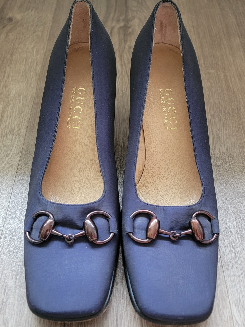 Authentic Vintage Gucci Tom Ford Era Navy Blue Silk Horsebit Pumps (Size 36 C)